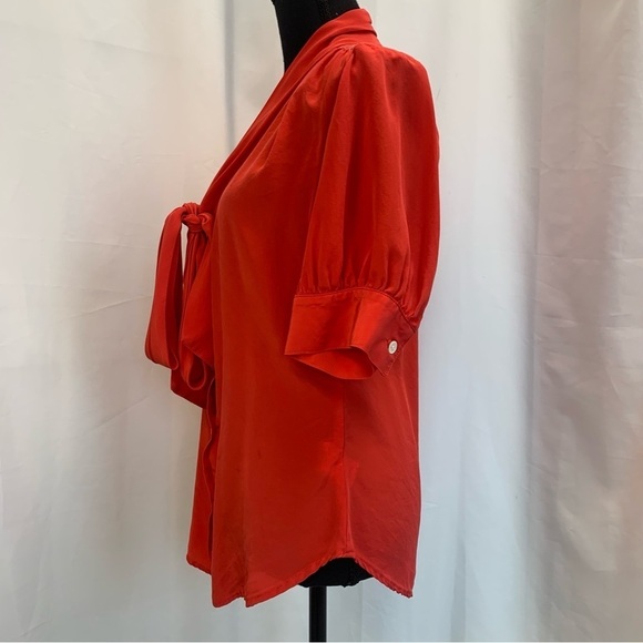 FIFTEEN Twenty blood orange red tie neck 100% silk blouse Sz L - Picture 6 of 11